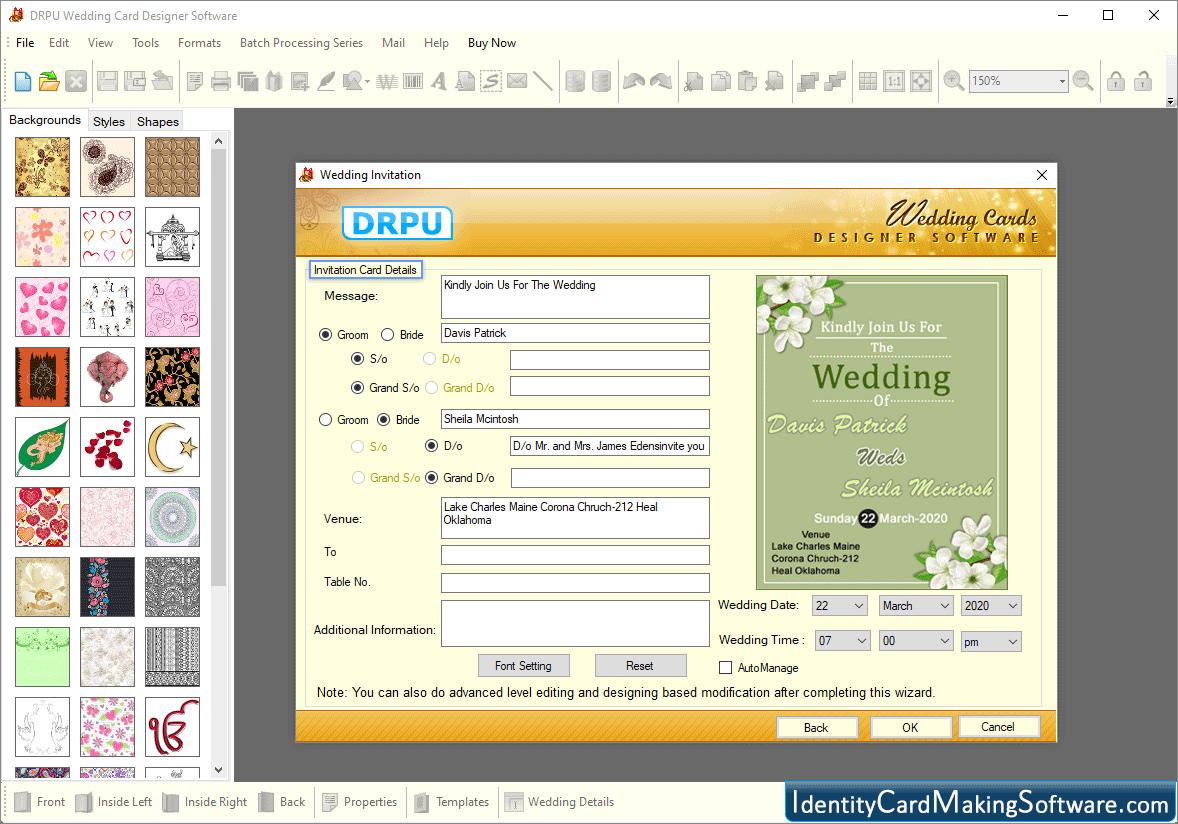 Wedding card maker Software Invitation Details